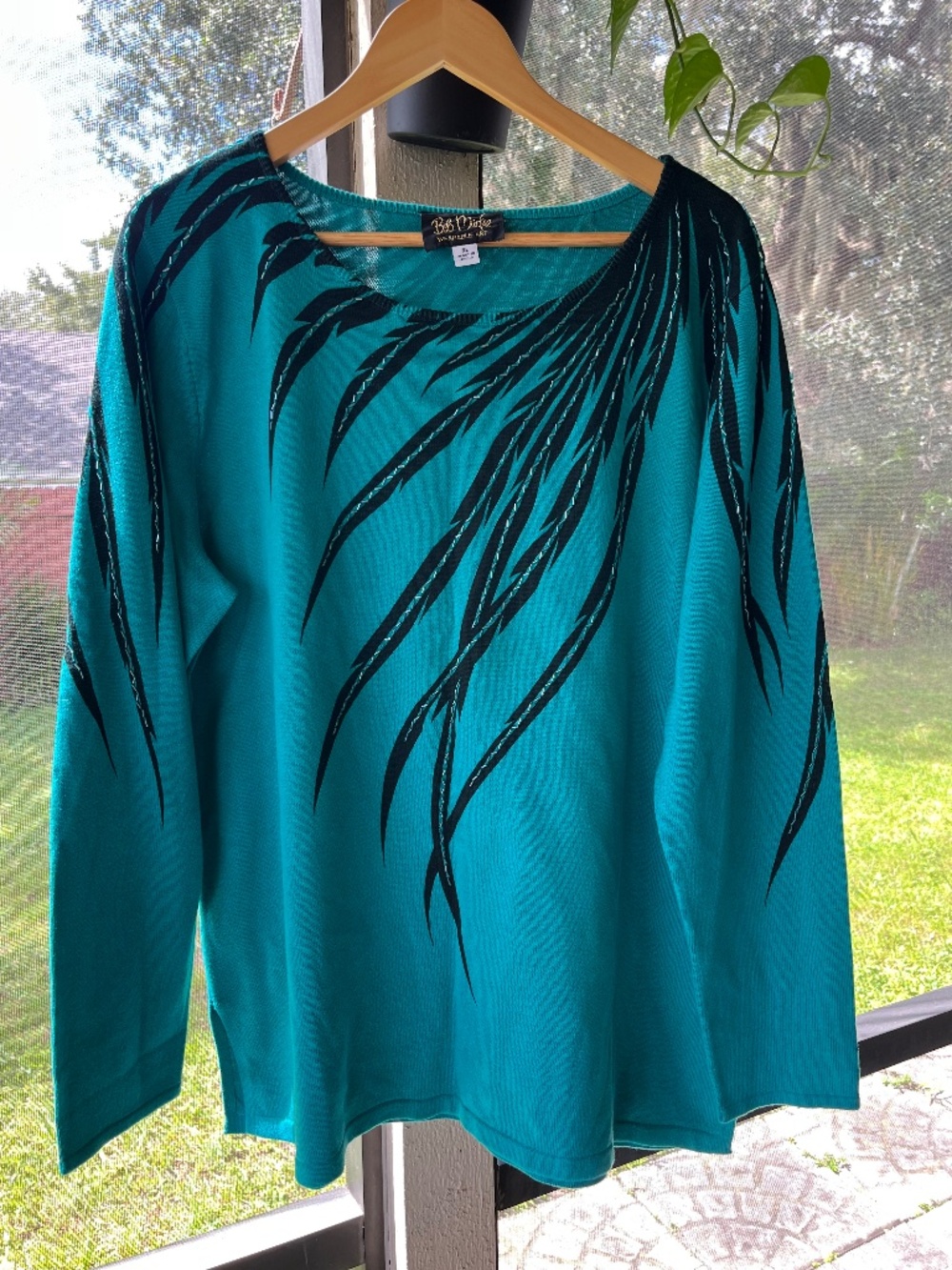 Bob Mackie knit sweater embroidered black feather pattern with sequin sz XL